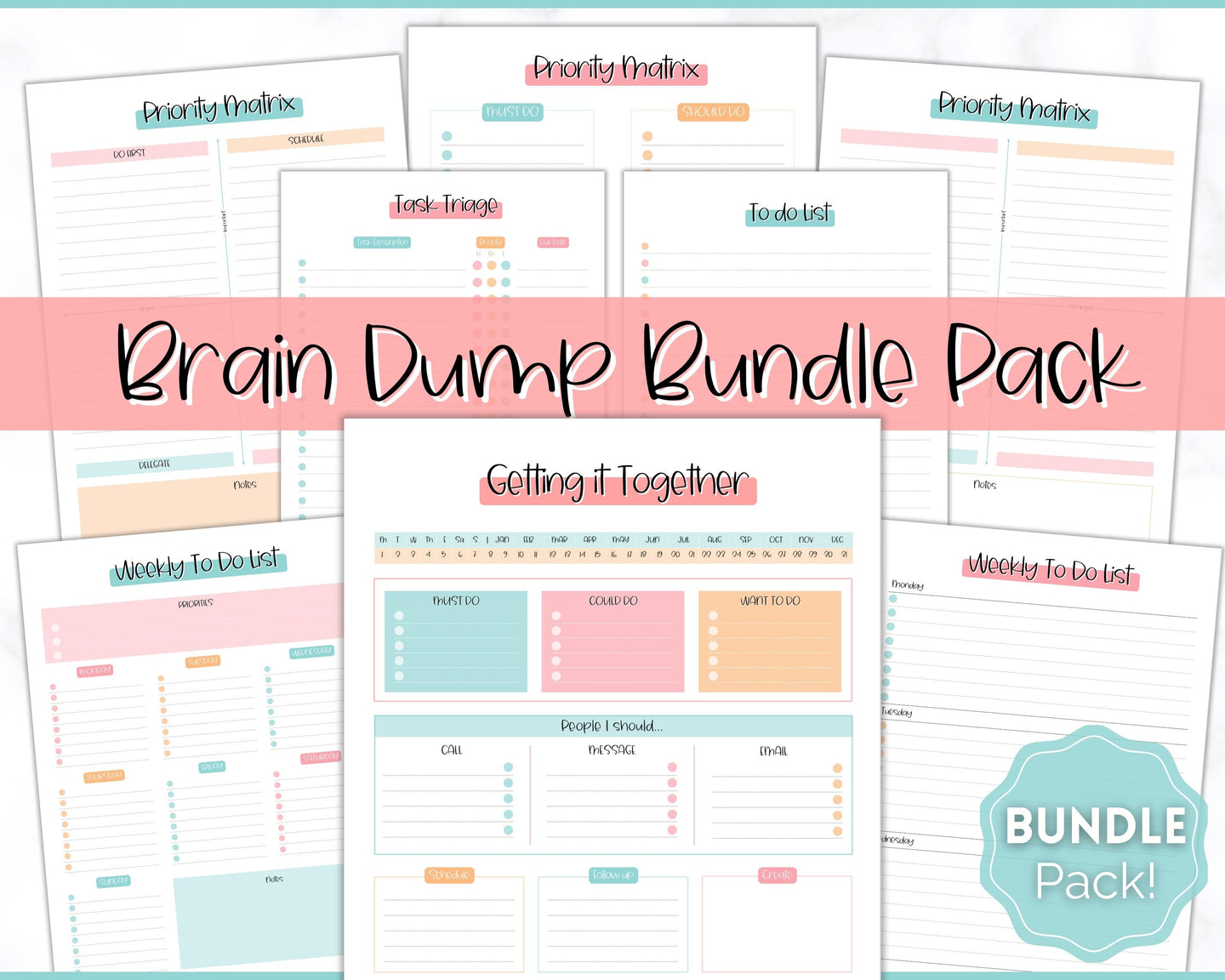 EDITABLE Brain Dump Template BUNDLE | To Do List Printable, ADHD Work Productivity Planner | Colorful Sky