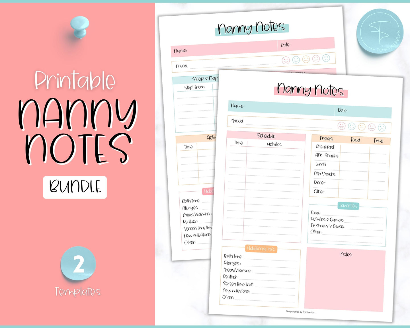 Nanny Schedule, Notes & Report Template for Baby | Babysitter Info Hiring Guide, Nanny Checklist & Planner, Baby Daily Log | Colorful Sky