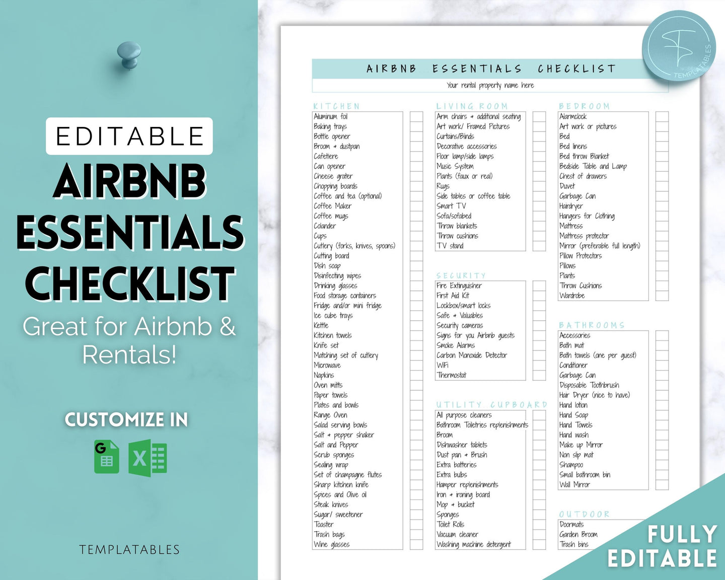 Airbnb Essentials Checklist | EDITABLE Airbnb Inventory List for Airbnb Hosts | Teal