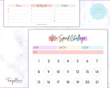 Load image into Gallery viewer, No Spend Challenge BUNDLE | Printable 30 day, 60 day, 90 day Savings Challenge &amp; Monthly Spending Tracker | Pastel Rainbow
