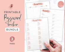 Load image into Gallery viewer, Password Tracker BUNDLE | 3 Printable Password Log &amp; Organizers, Password Keeper, Password Manager | Pink Watercolor
