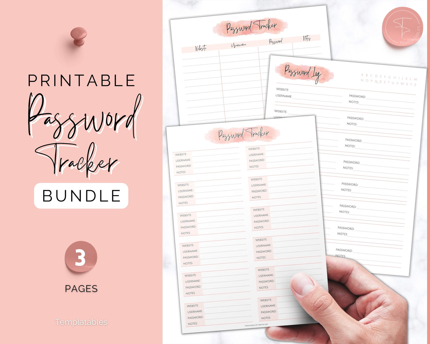 Password Tracker BUNDLE | 3 Printable Password Log & Organizers, Password Keeper, Password Manager | Pink Watercolor