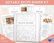 Load image into Gallery viewer, Editable Cookbook Template | Recipe Binder Kit, Recipe Book, Card &amp; Sheet Templates, Food Planner, 35+ page bundle | Mono
