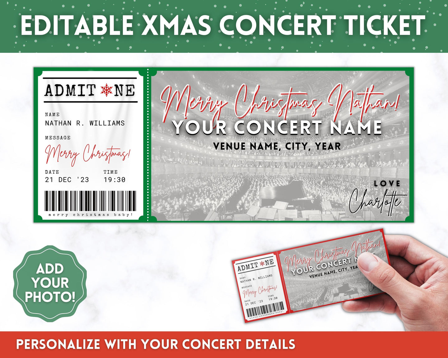 CHRISTMAS Concert Ticket Template | EDITABLE Surprise Xmas Getaway gift for Musical Events & Theatre Shows