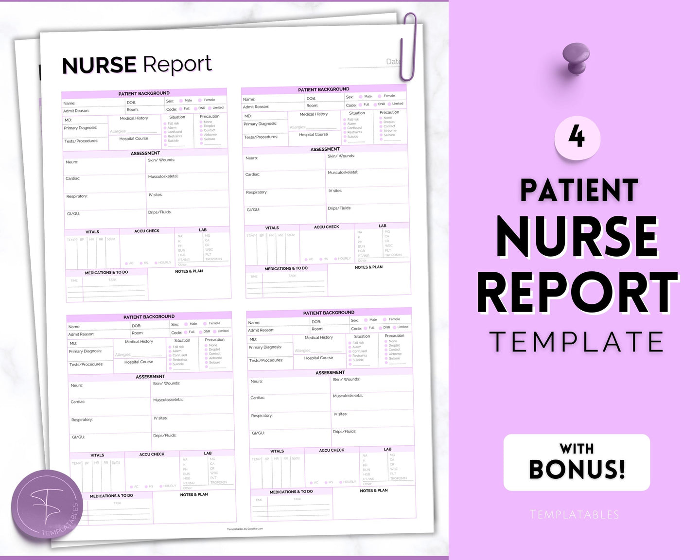 4 Patient Nurse Report Sheet to Organize your Shifts | Nurse Brain Sheet, ICU Nurse Report Patient Assessment Template | Purple