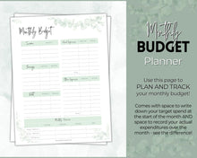 Load image into Gallery viewer, Monthly Budget Planner Printable | Financial Income, Expenses, Debt, Paycheck &amp; Savings Tracker Template | Green Eucalyptus
