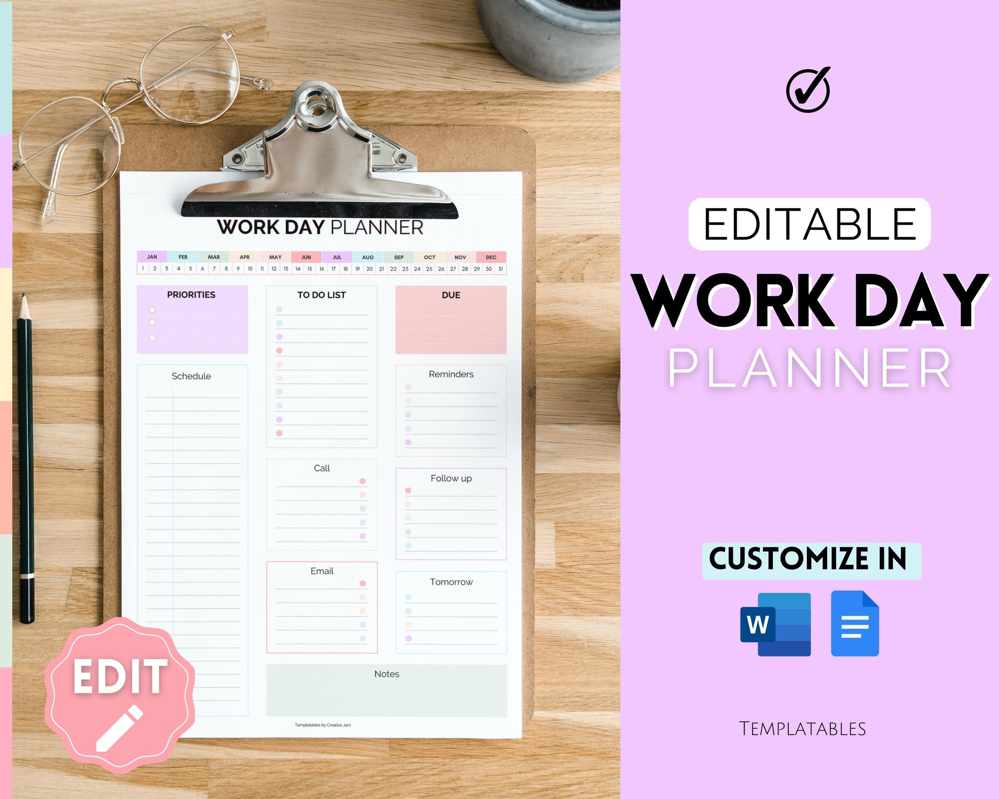 Work Planner & Work Day Organizer | Editable Daily Planner & Organizer