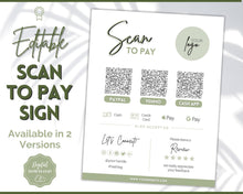 Load image into Gallery viewer, Scan to Pay Sign Shop Logo Editable Sign | QR Code Payment Sign for Small Businesses | Brit Green

