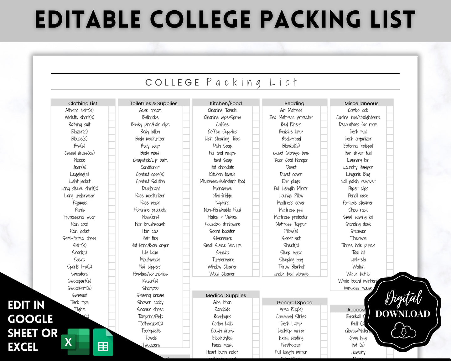 EDITABLE College Packing List | Back to School Moving Checklist for Students, Google Sheets | Mono