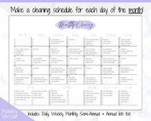 Load image into Gallery viewer, EDITABLE Cleaning Planner, Cleaning Checklist &amp; Cleaning Schedule | Weekly House Chores, Clean Home Routine, Monthly Cleaning List | Purple
