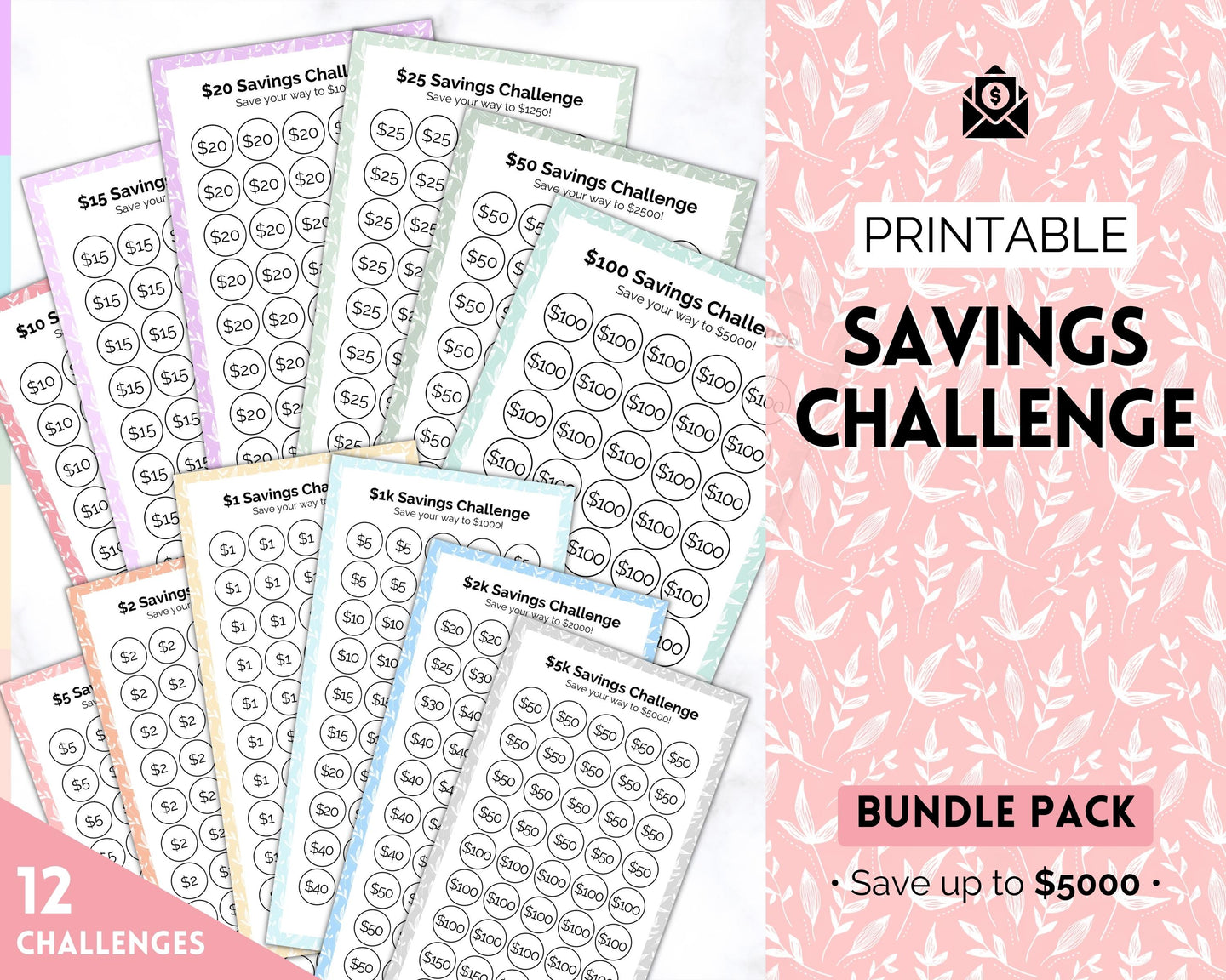 Mini Savings Challenge Printable BUNDLE | 12 Saving Trackers, Cash Envelope, A6 Saving Challenges | Leaf
