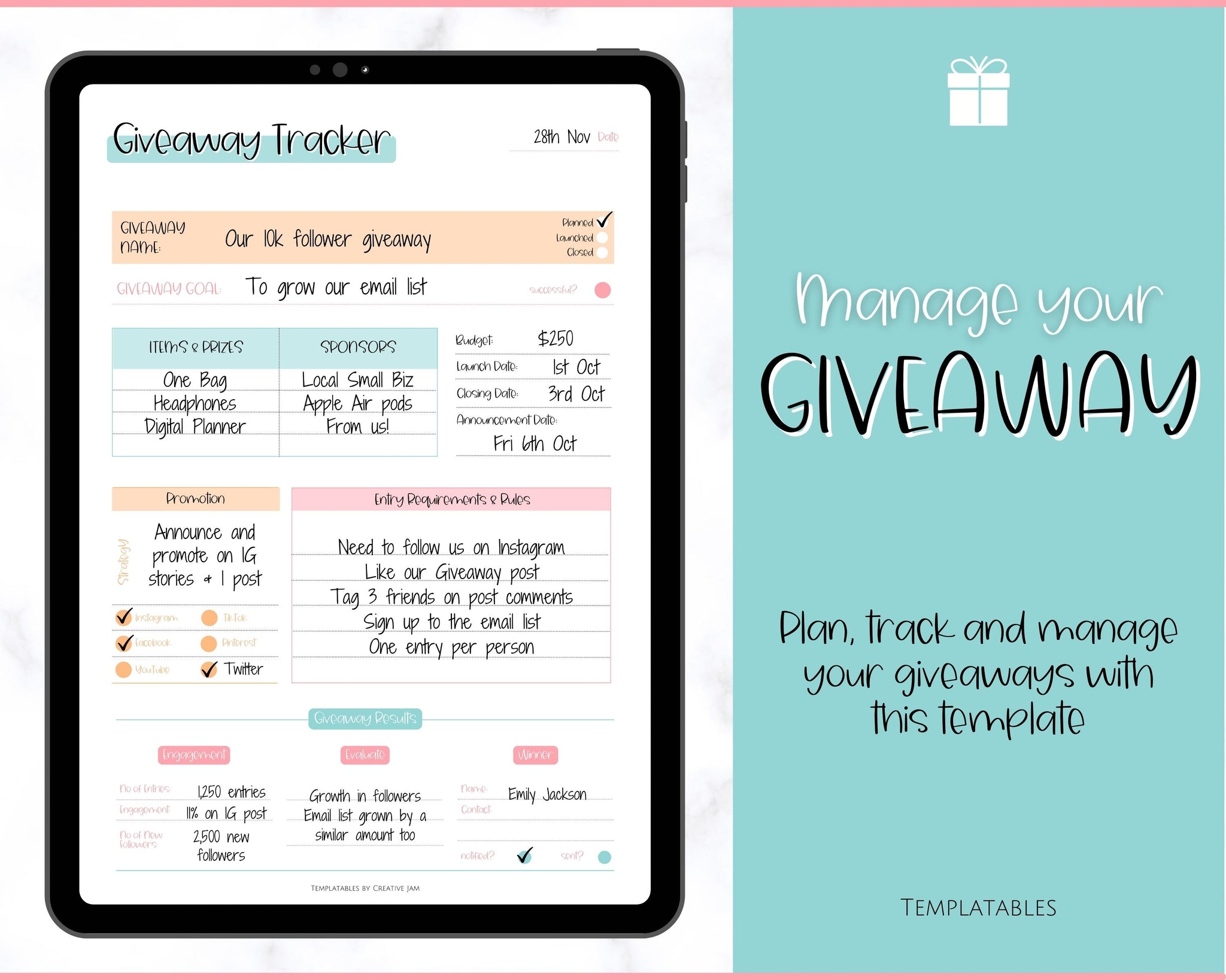 Giveaway Template Tracker Printable Colorful