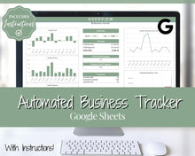 Load image into Gallery viewer, Small Business Bookkeeping Spreadsheet | Google Sheets Automated Business Expense Tracker &amp; Product Invetory Tracker | Green
