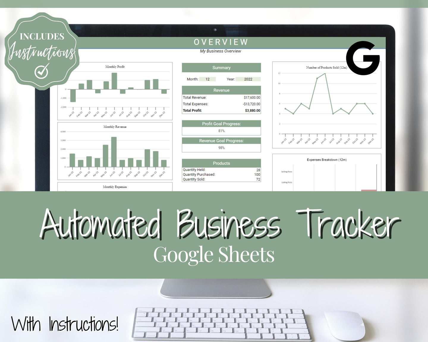 Small Business Bookkeeping Spreadsheet | Google Sheets Automated Business Expense Tracker & Product Invetory Tracker | Green