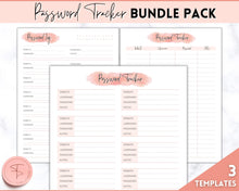 Load image into Gallery viewer, Password Tracker BUNDLE | 3 Printable Password Log &amp; Organizers, Password Keeper, Password Manager | Pink Watercolor
