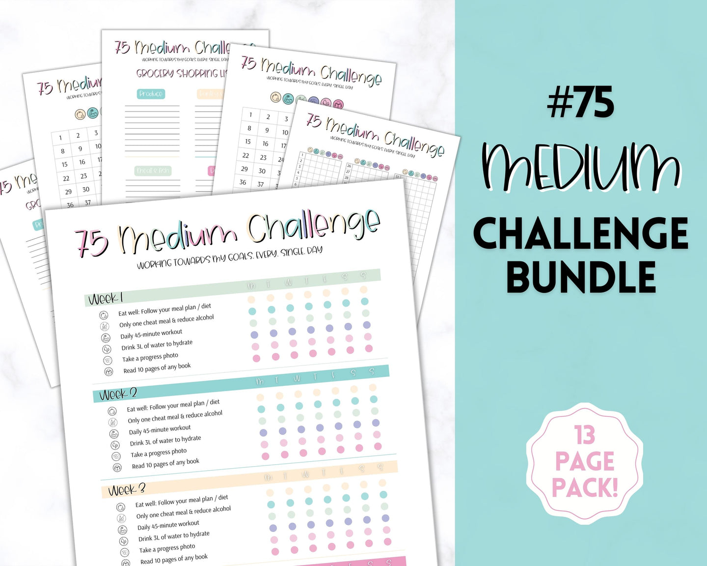 EDITABLE 75 MEDIUM Challenge Tracker | 75medium Printable Challenge, Fitness & Health Planner | Medium