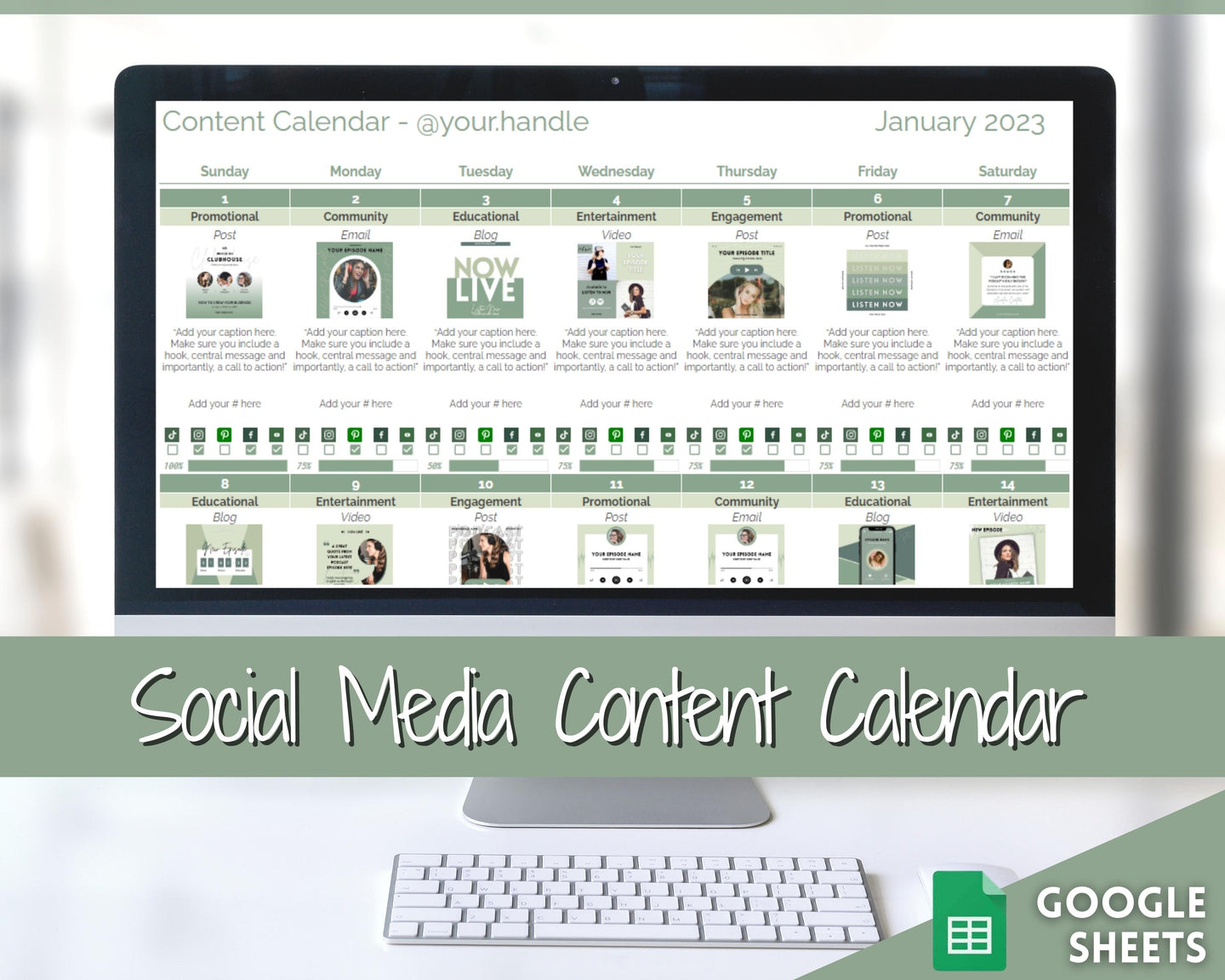 Social Media Content Calendar | Google Sheets Content Planner, Social Media Manager Spreadsheet for Instagram, YouTube, TikTok Influencers | Green