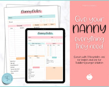 Load image into Gallery viewer, Nanny Schedule, Notes &amp; Report Template for Baby | Babysitter Info Hiring Guide, Nanny Checklist &amp; Planner, Baby Daily Log | Colorful Sky
