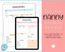 Load image into Gallery viewer, Nanny Schedule, Notes &amp; Report Template for Baby | Babysitter Info Hiring Guide, Nanny Checklist &amp; Planner, Baby Daily Log | Colorful Sky

