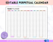 Load image into Gallery viewer, EDITABLE Perpetual Calendar | Undated Year at a Glance Reusable Calendar, Year Overview on One Page, Annual 12 Month Planner | Pastel Rainbow
