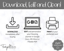 Load image into Gallery viewer, EDITABLE Cleaning Planner, Cleaning Checklist &amp; Cleaning Schedule | Weekly House Chores, Clean Home Routine, Monthly Cleaning List | Mono Sky
