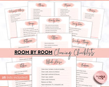 Load image into Gallery viewer, Cleaning Checklist, Printable Room by room Cleaning Cards | Family &amp; Kids Cleaning Schedule Planner &amp; Tracker | Pink Watercolor
