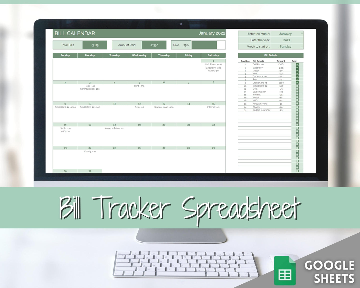 Monthly Bill Payment Tracker Spreadsheet | Google Sheets Automated Bill Calendar & Organizer | Green