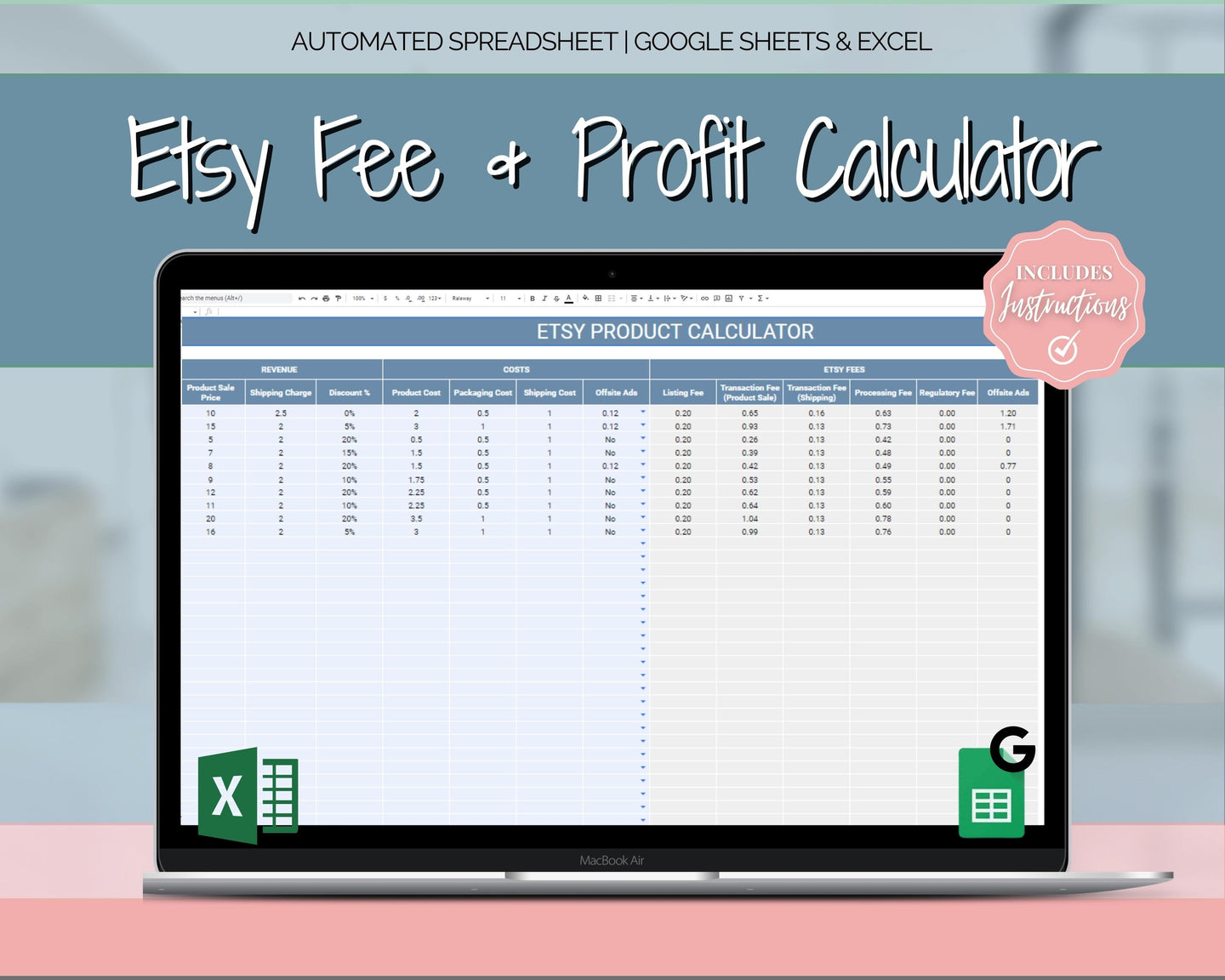 Etsy Fee and Profit Calculator | Pricing Spreadsheet for Small Business & Etsy Sellers | Blue