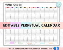 Load image into Gallery viewer, EDITABLE Perpetual Calendar | Undated Year at a Glance Reusable Calendar, Year Overview on One Page, Annual 12 Month Planner | Pastel Rainbow
