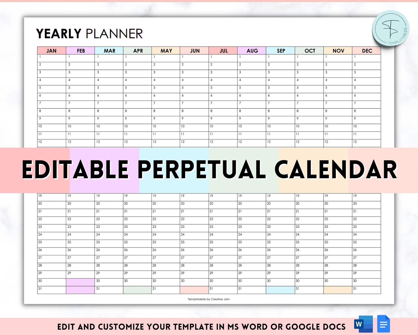 EDITABLE Perpetual Calendar | Undated Year at a Glance Reusable Calendar, Year Overview on One Page, Annual 12 Month Planner | Pastel Rainbow