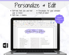 Load image into Gallery viewer, EDITABLE Cleaning Planner, Cleaning Checklist &amp; Cleaning Schedule | Weekly House Chores, Clean Home Routine, Monthly Cleaning List | Purple
