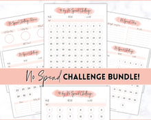 Load image into Gallery viewer, No Spend Challenge BUNDLE | Printable 30 day, 60 day, 90 day Savings Challenge &amp; Monthly Spending Tracker | Pink Watercolor
