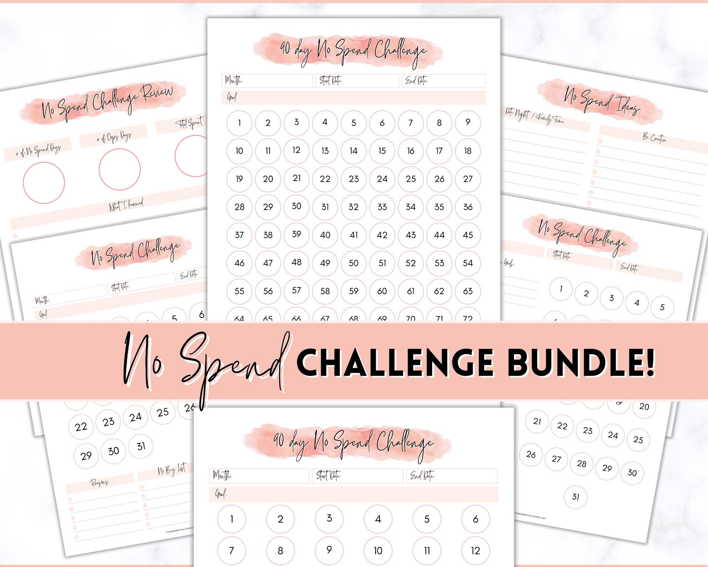 No Spend Challenge BUNDLE | Printable 30 day, 60 day, 90 day Savings Challenge & Monthly Spending Tracker | Pink Watercolor