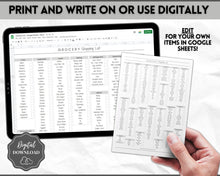 Load image into Gallery viewer, EDITABLE Grocery List Printable | Digital Weekly Shopping, Meal Planner Checklist, Kitchen Organization Template, Google Sheets | Mono
