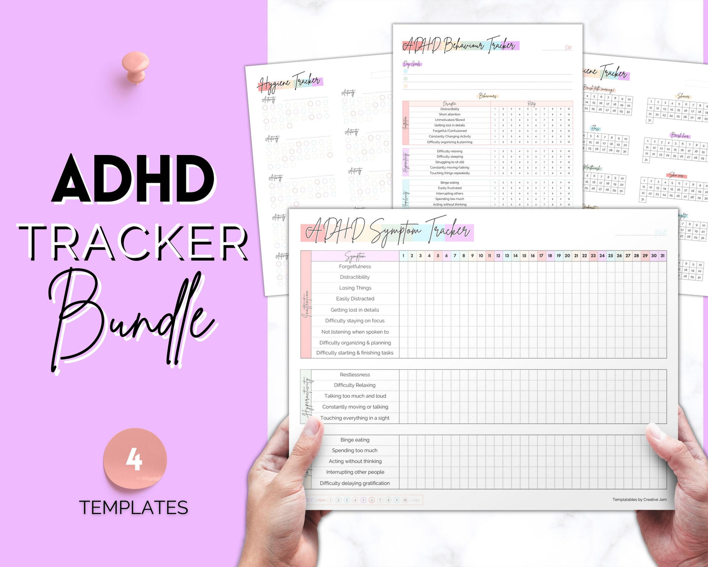 ADHD Symptom Tracker, Behavior & Hygiene Tracker BUNDLE | Pastel Rainbow