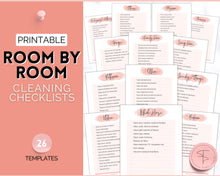 Load image into Gallery viewer, Cleaning Checklist, Printable Room by room Cleaning Cards | Family &amp; Kids Cleaning Schedule Planner &amp; Tracker | Pink Watercolor
