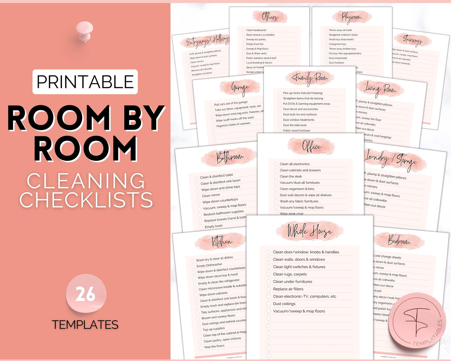Cleaning Checklist, Printable Room by room Cleaning Cards | Family & Kids Cleaning Schedule Planner & Tracker | Pink Watercolor
