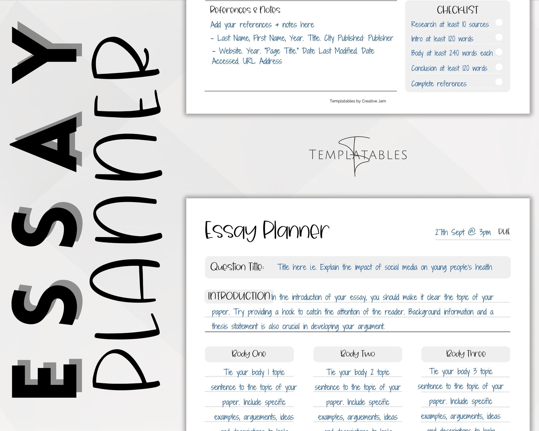 Essay Assignment Pattern Video Essay Planner Printable BUNDLE for Students | College Writing Template