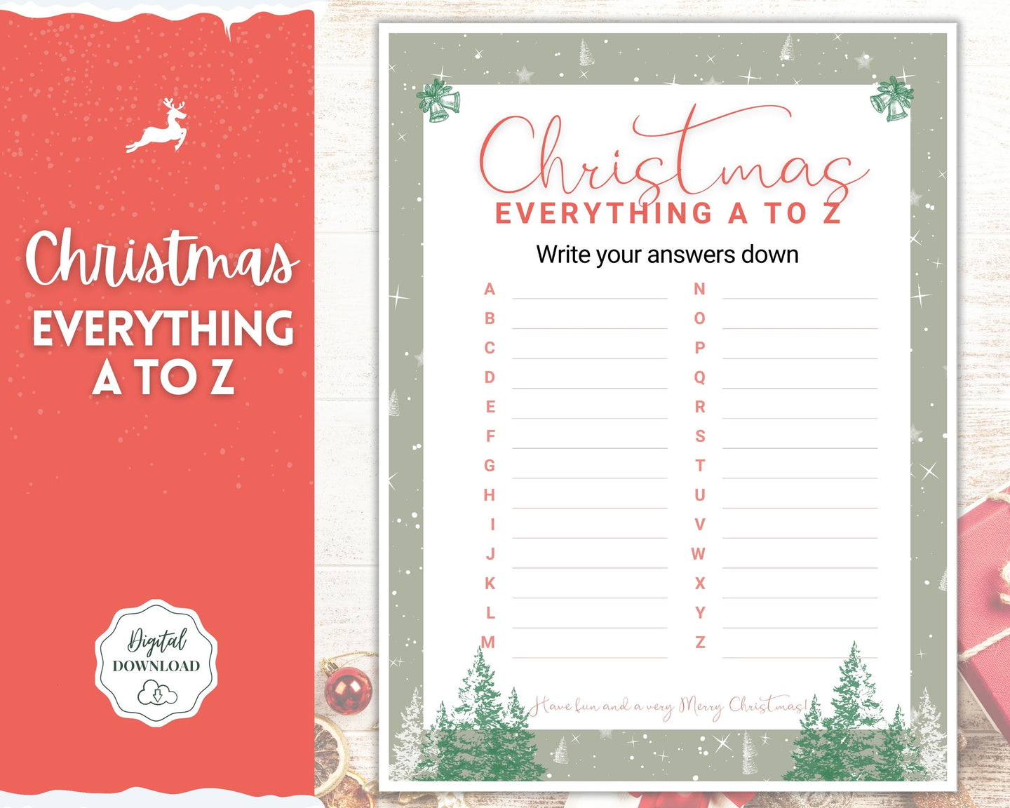 Christmas A to Z Game | A-Z Xmas Holiday Party Game Printables for the Family | Green