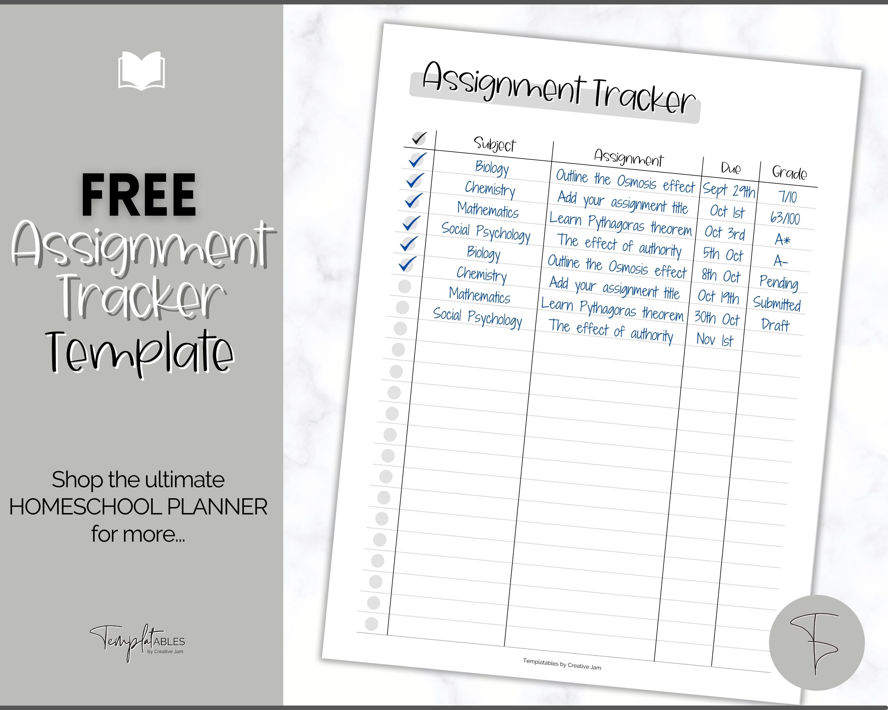 FREE - Assignment Tracker Printable for Students - Mono