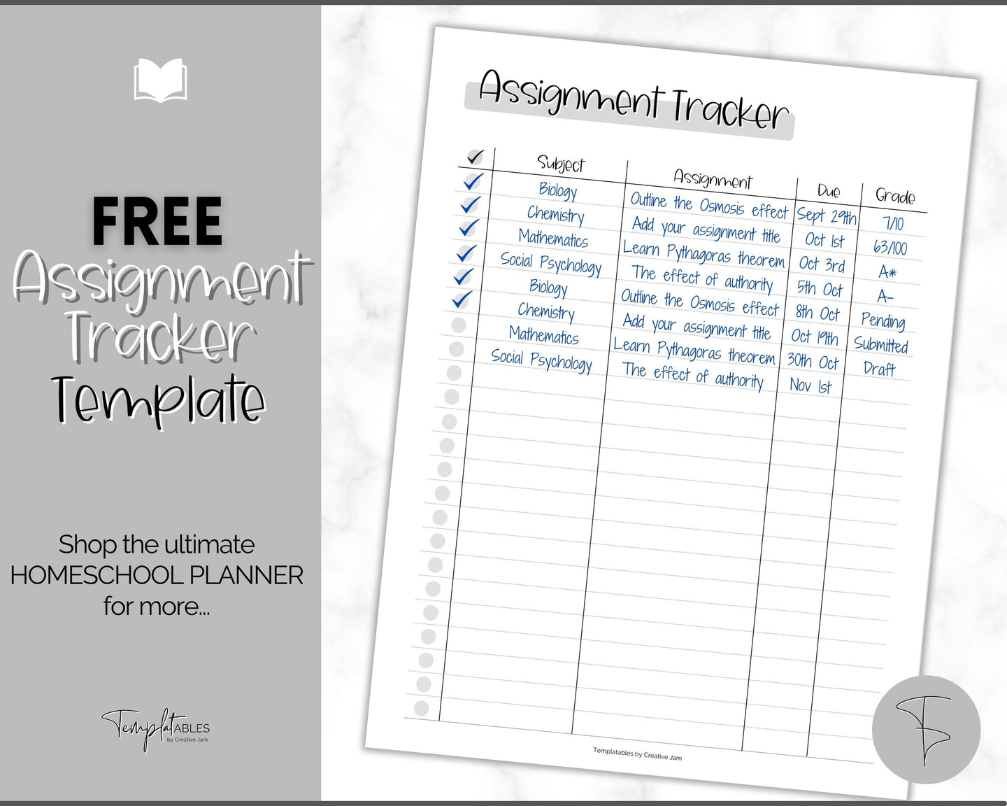 FREE - Assignment Tracker Printable for Students, Academic Homework Planner, Study, College, Homeschool Template | Mono