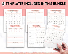 Load image into Gallery viewer, No Spend Challenge BUNDLE | Printable 30 day, 60 day, 90 day Savings Challenge &amp; Monthly Spending Tracker | Pink Watercolor
