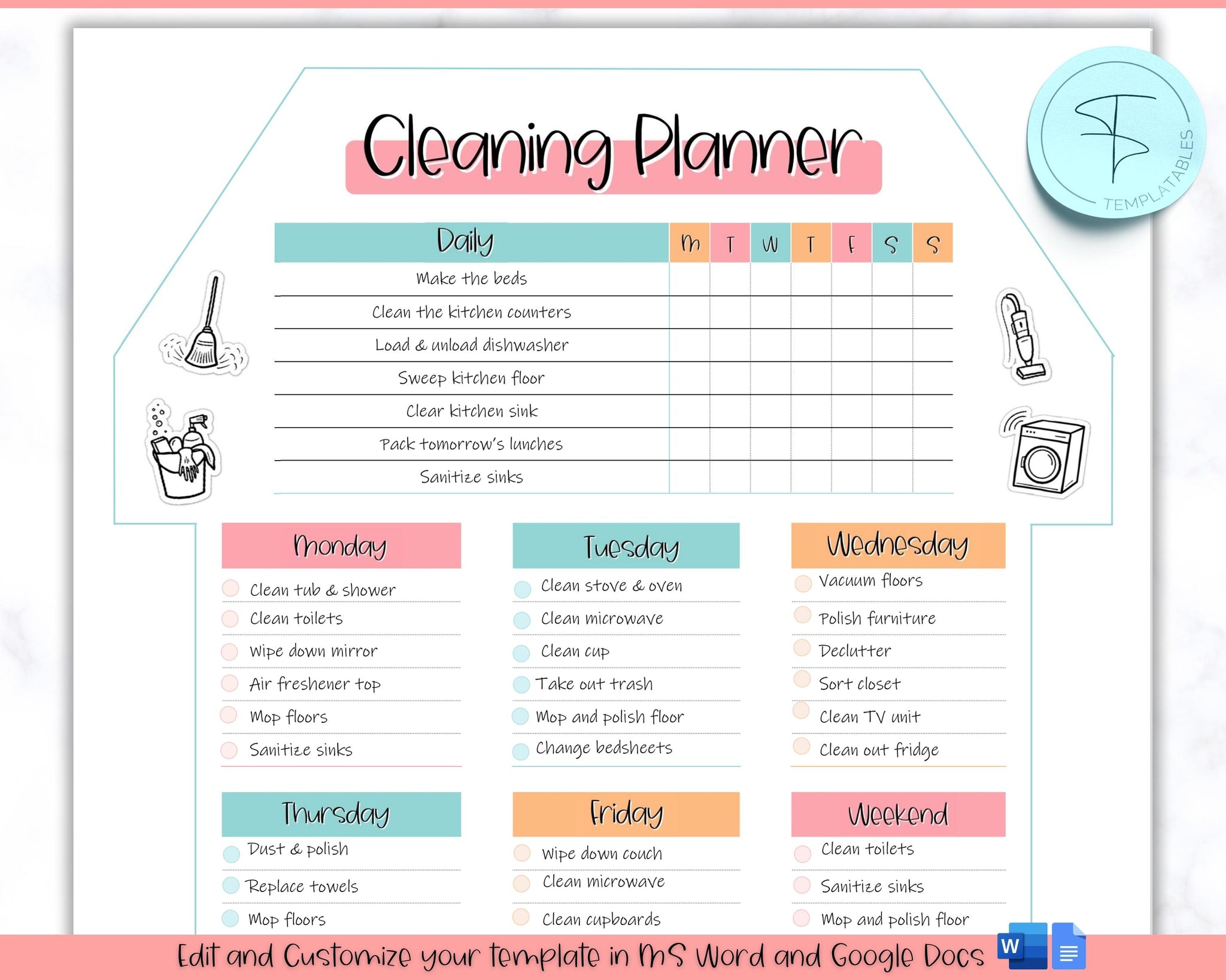 Editable House Shape Cleaning Checklist, Housekeeping & Chores Planner