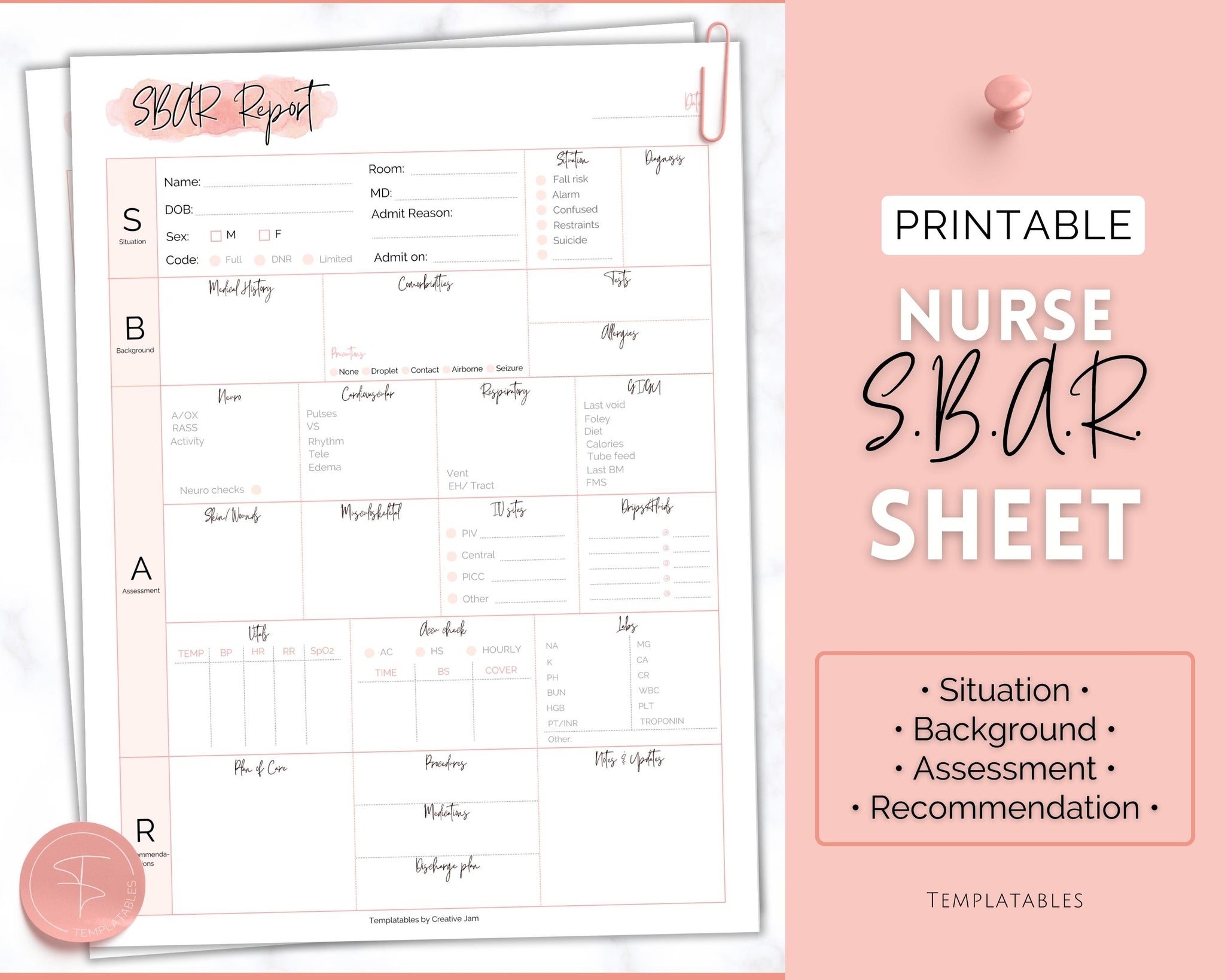 Icu Sbar Example SBAR Nurse Brain Report Sheet | ICU Nurse Report Printable Template