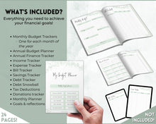 Load image into Gallery viewer, Monthly Budget Planner Printable | Financial Income, Expenses, Debt, Paycheck &amp; Savings Tracker Template | Green Eucalyptus
