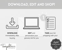 Load image into Gallery viewer, EDITABLE Grocery List Printable | Digital Weekly Shopping, Meal Planner Checklist, Kitchen Organization Template, Google Sheets | Mono
