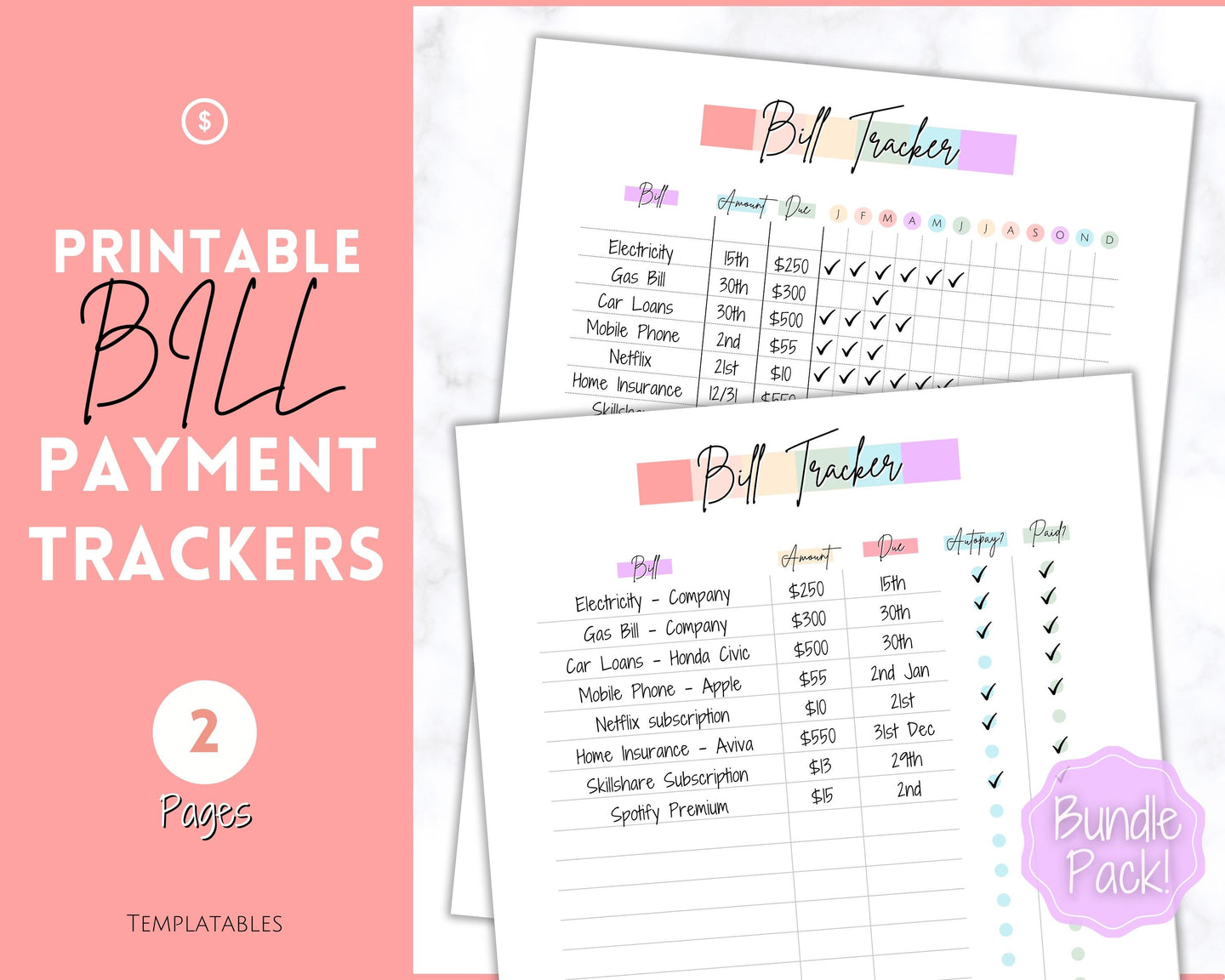 Bill Payment Tracker Printable | Monthly Bill Organizer, Checklist & Calendar | Pastel Rainbow