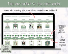 Load image into Gallery viewer, Social Media Content Calendar | Google Sheets Content Planner, Social Media Manager Spreadsheet for Instagram, YouTube, TikTok Influencers | Green
