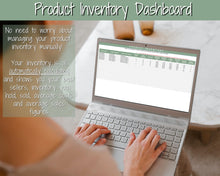 Load image into Gallery viewer, Small Business Bookkeeping Spreadsheet | Google Sheets Automated Business Expense Tracker &amp; Product Invetory Tracker | Green
