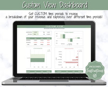 Load image into Gallery viewer, Small Business Bookkeeping Spreadsheet | Google Sheets Automated Business Expense Tracker &amp; Product Invetory Tracker | Green
